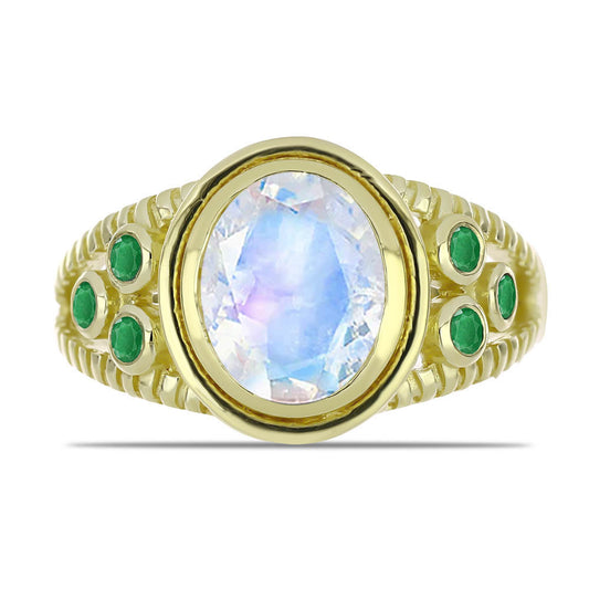 Anel de Prata com Banho de Ouro com Pedra da Lua Arco-íris e Esmeralda do Brasil  Contraste: Cabeca de Veado (800)