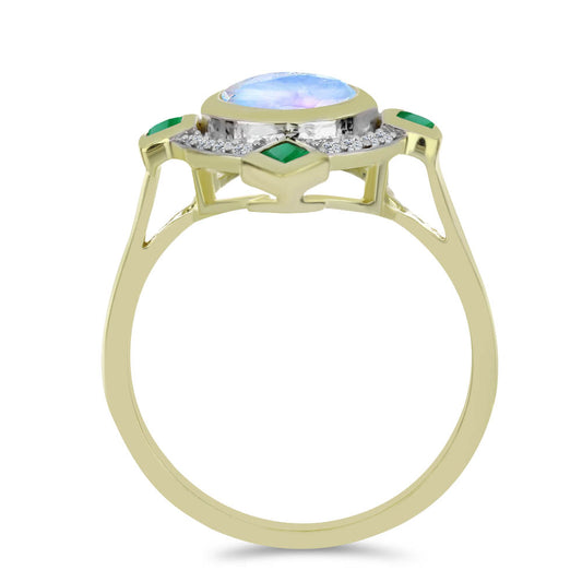 Anel de Prata com Banho de Ouro com Pedra da Lua Arco-íris e Esmeralda do Brasil  Contraste: Cabeca de Veado (800)