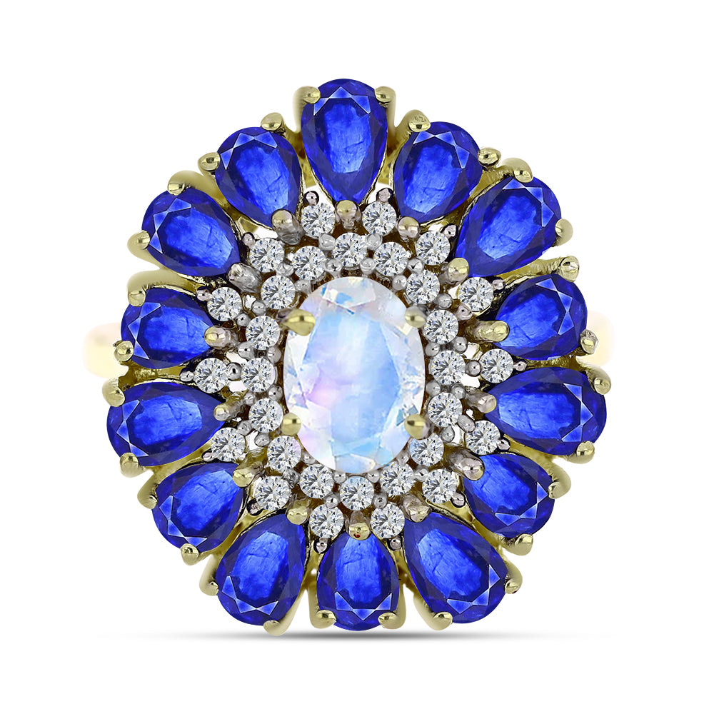 Anel de Prata com Banho de Ouro com Pedra da Lua Arco-íris e Safira Azul Australiana  Contraste: Cabeca de Veado (800) 1 