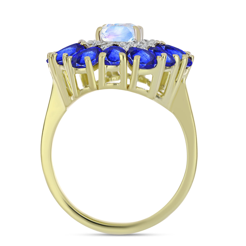 Anel de Prata com Banho de Ouro com Pedra da Lua Arco-íris e Safira Azul Australiana  Contraste: Cabeca de Veado (800) 2 