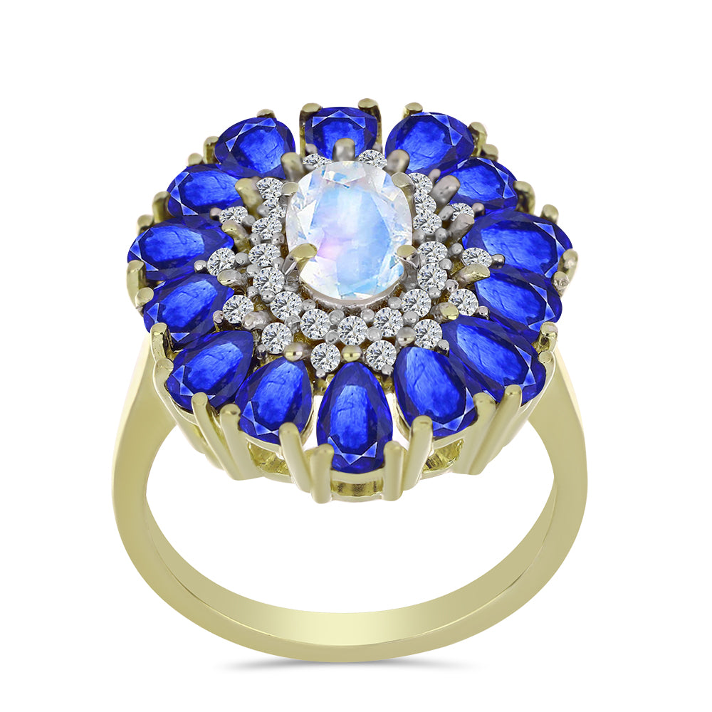 Anel de Prata com Banho de Ouro com Pedra da Lua Arco-íris e Safira Azul Australiana  Contraste: Cabeca de Veado (800) 3 