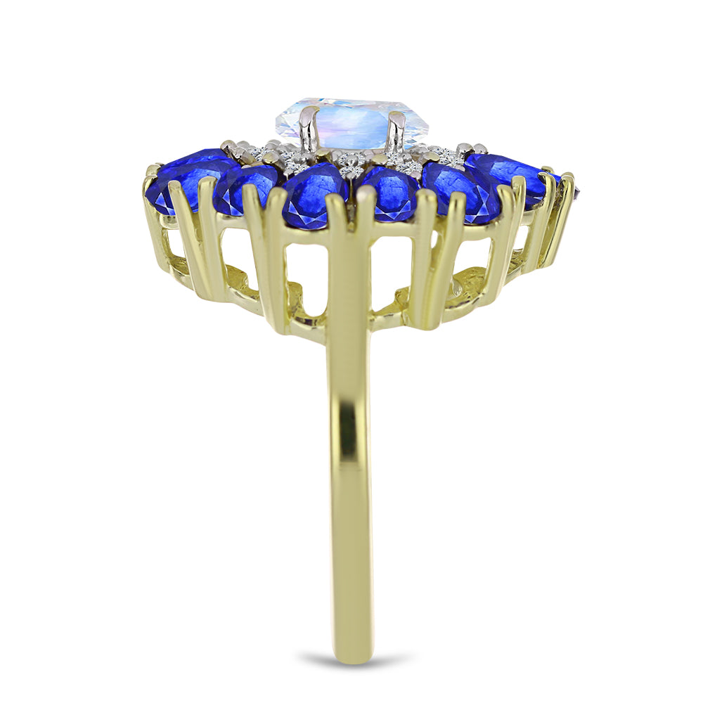 Anel de Prata com Banho de Ouro com Pedra da Lua Arco-íris e Safira Azul Australiana  Contraste: Cabeca de Veado (800) 4 