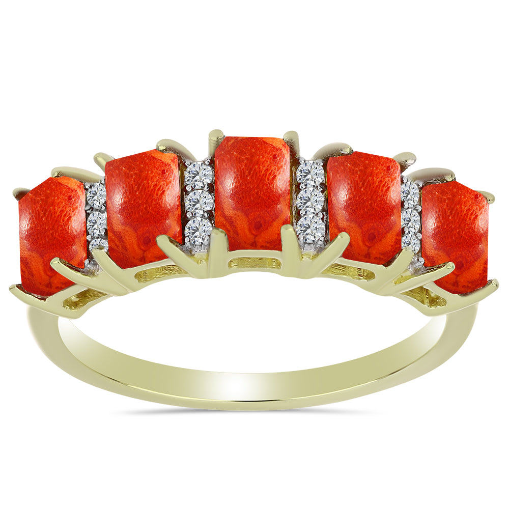 Anel de Prata com Banho de Ouro com Coral Esponja Vermelha e Topázio Branco