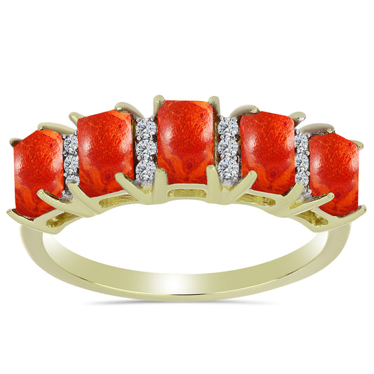 Anel de Prata com Banho de Ouro com Coral Esponja Vermelha e Topázio Branco