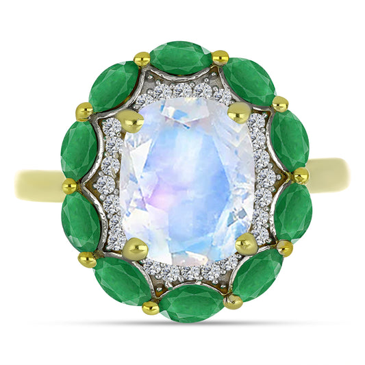 Anel de Prata com Banho de Ouro com Pedra da Lua Arco-íris e Esmeralda do Brasil  Contraste: Cabeca de Veado (800)