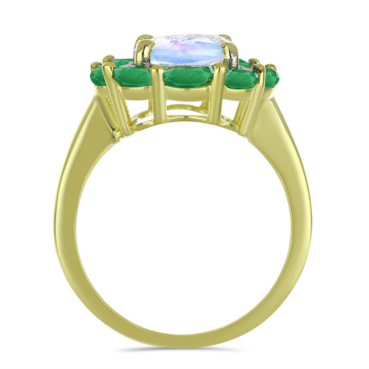 Anel de Prata com Banho de Ouro com Pedra da Lua Arco-íris e Esmeralda do Brasil  Contraste: Cabeca de Veado (800)