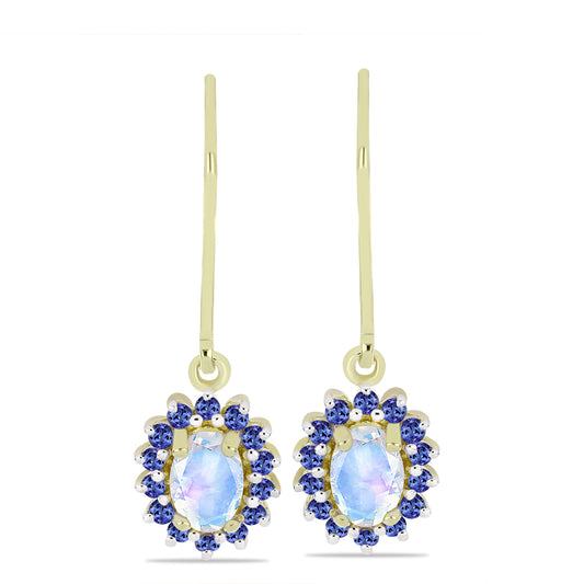 Brincos de Prata com Banho de Ouro com Pedra da Lua Arco-íris e Tanzanite