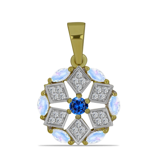 Pendente de Prata com Banho de Ouro com Pedra da Lua Arco-íris e Safira Azul Australiana