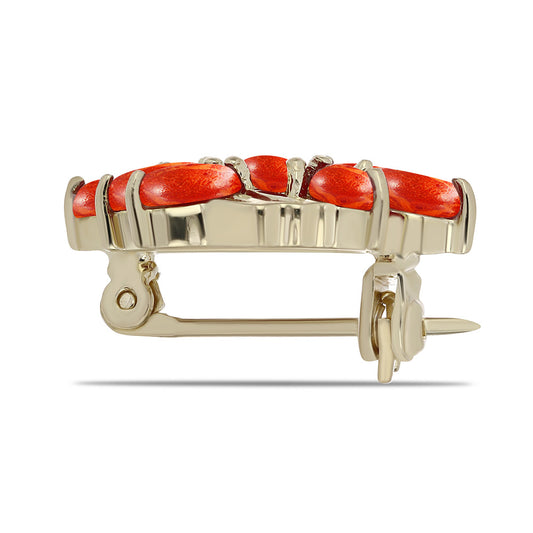 Alfinete de Prata com Banho de Ouro com Coral Esponja Vermelha