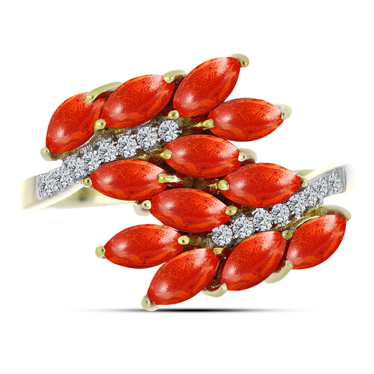Anel de Prata com Banho de Ouro com Coral Esponja Vermelha e Topázio Branco  Contraste: Cabeca de Veado (800)