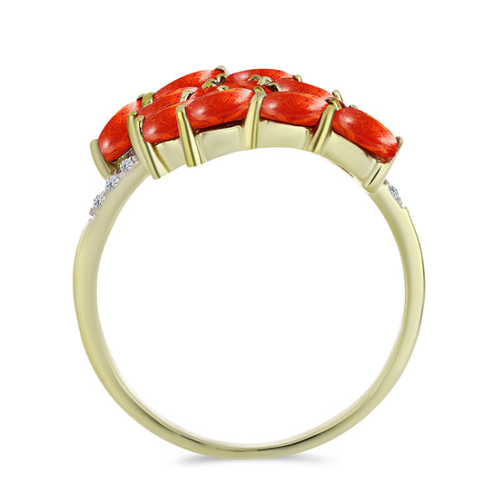 Anel de Prata com Banho de Ouro com Coral Esponja Vermelha e Topázio Branco  Contraste: Cabeca de Veado (800)