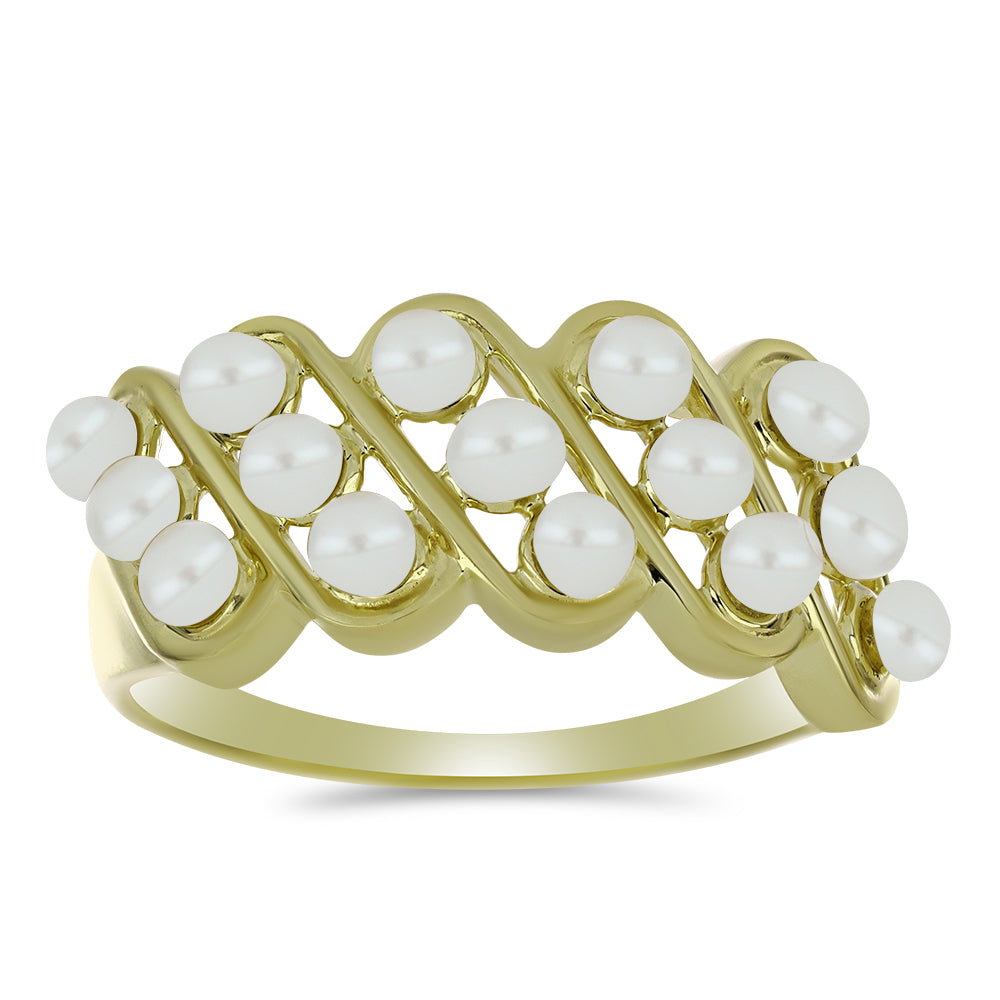 Anel de Prata com Banho de Ouro com Pérola de Água Doce Branca  Contraste: Cabeca de Veado (800)