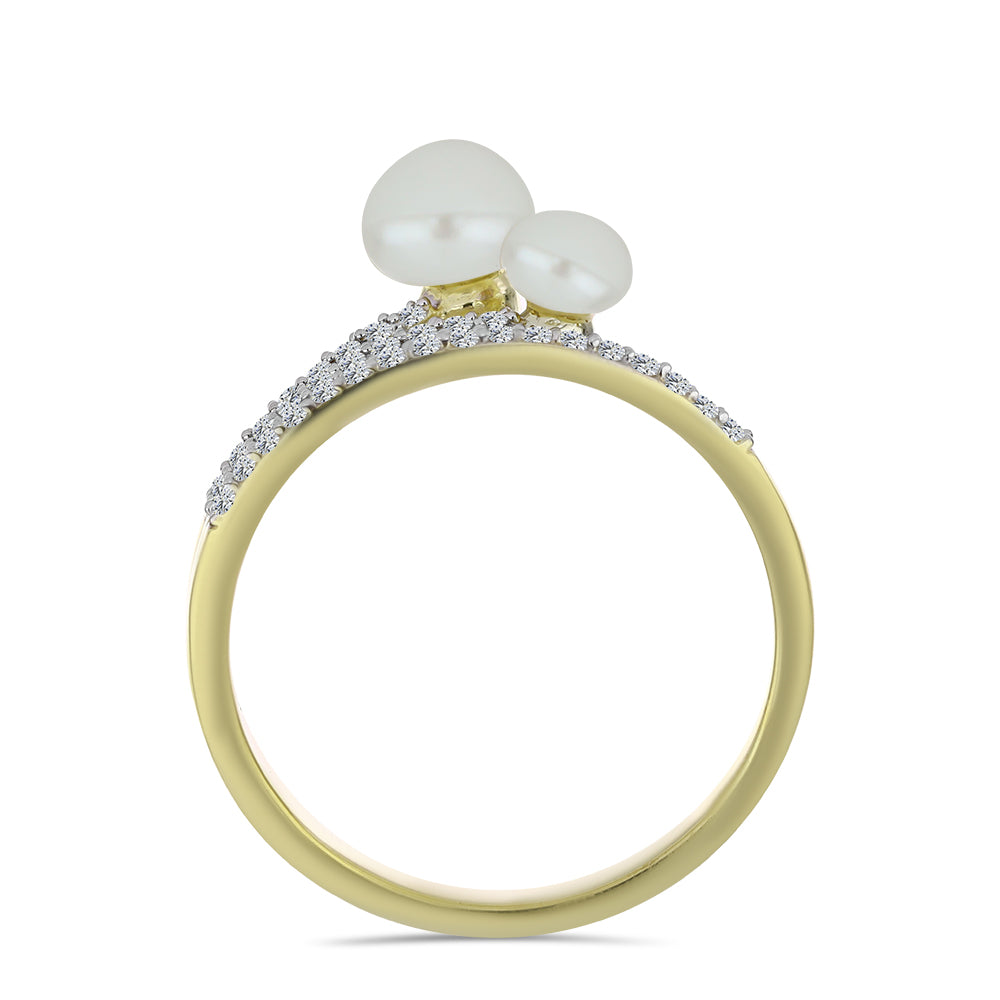 Anel de Prata com Banho de Ouro com Pérola de Água Doce Branca e Topázio Branco