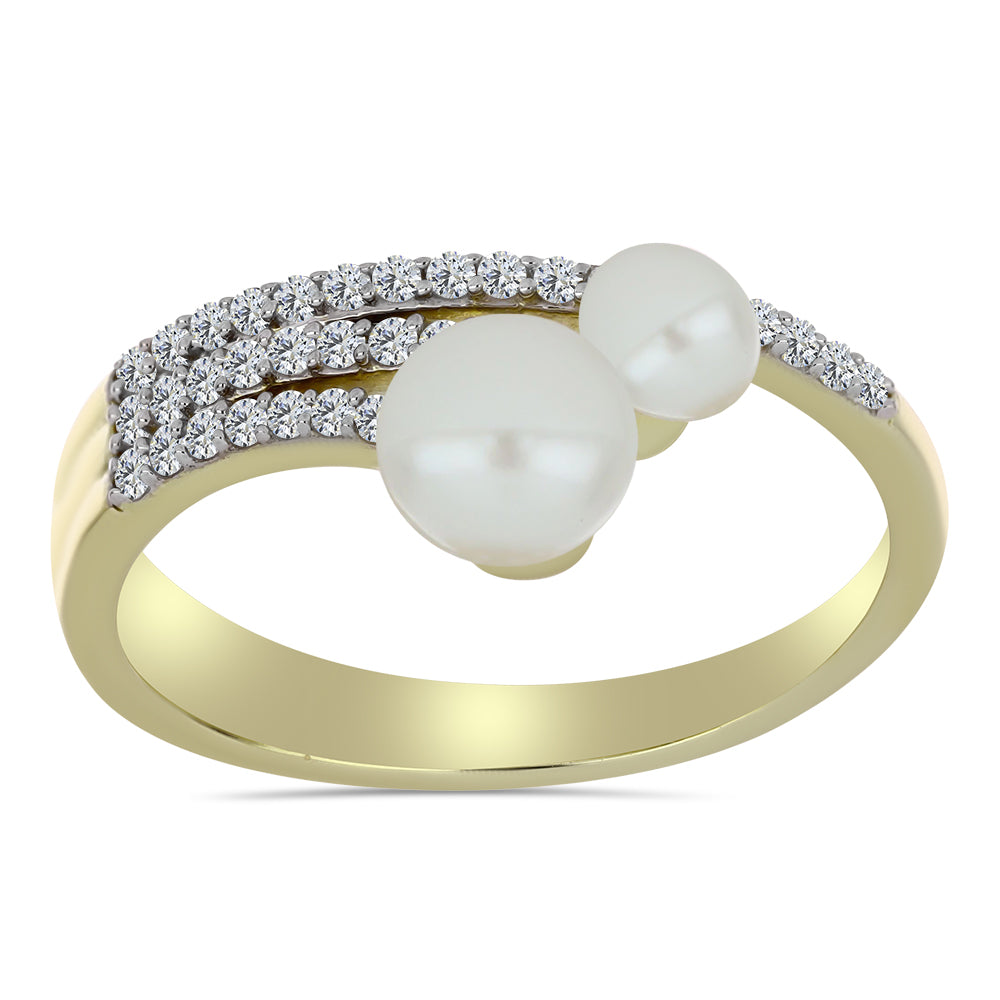 Anel de Prata com Banho de Ouro com Pérola de Água Doce Branca e Topázio Branco