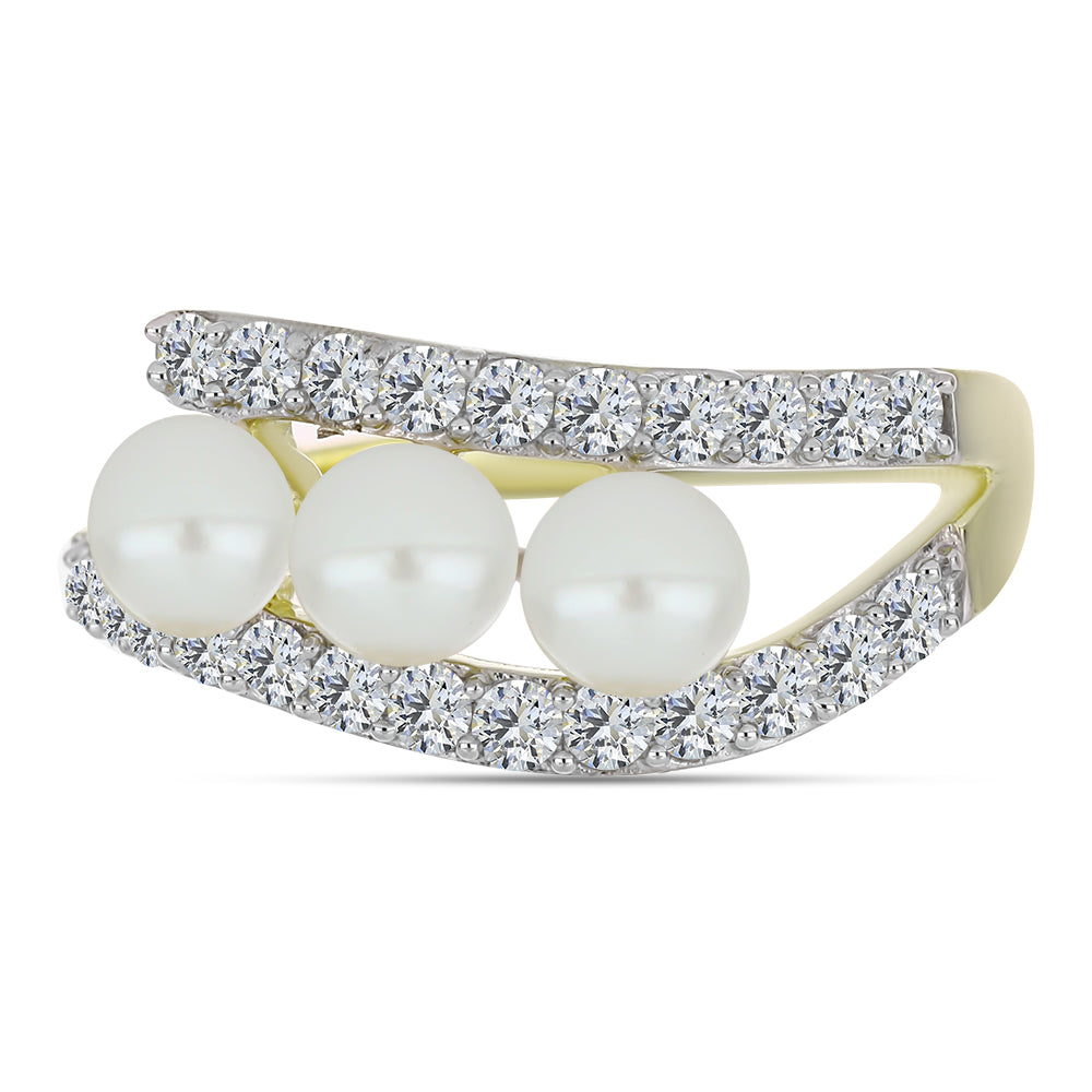 Anel de Prata com Banho de Ouro com Pérola de Água Doce Branca e Topázio Branco 2 