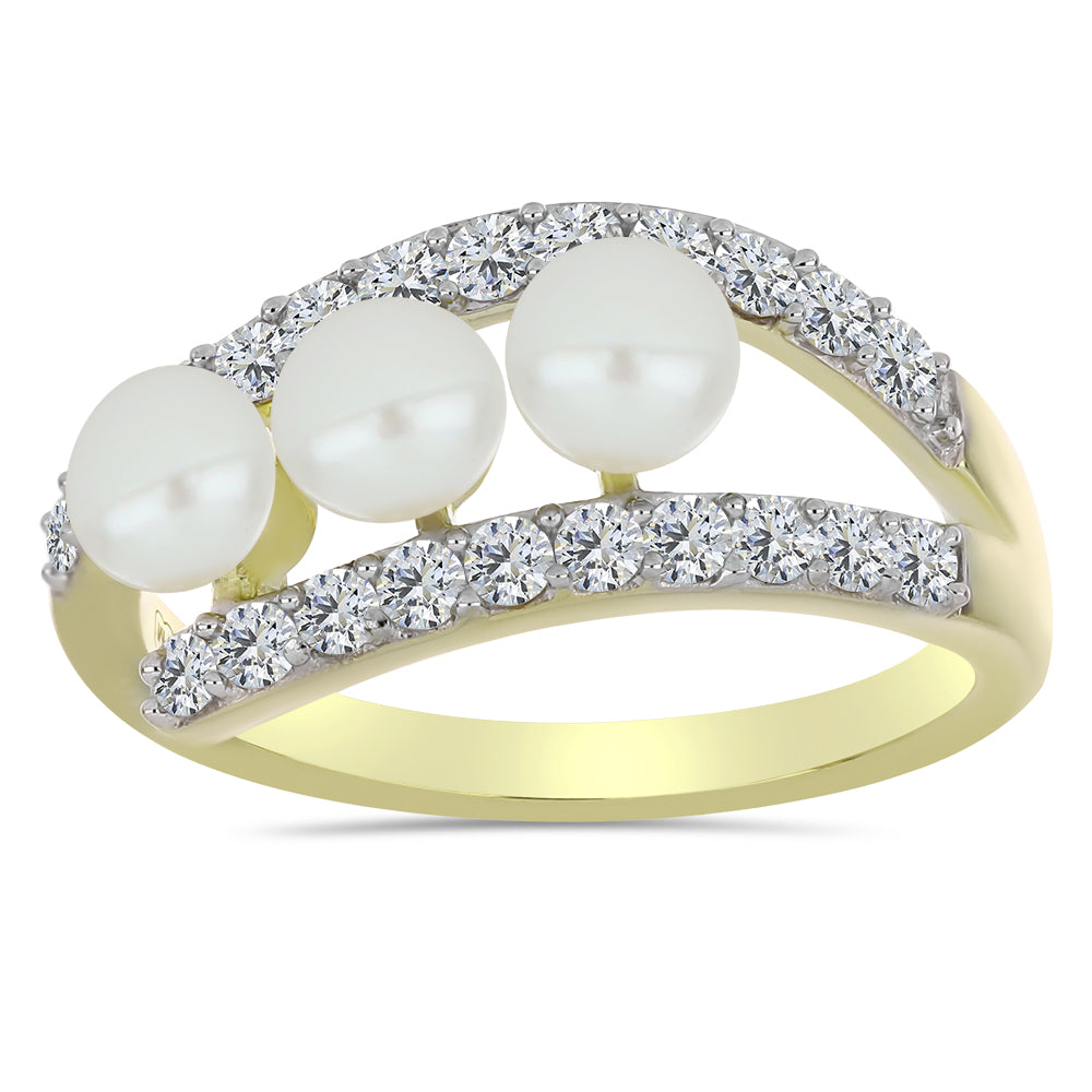 Anel de Prata com Banho de Ouro com Pérola de Água Doce Branca e Topázio Branco 1 