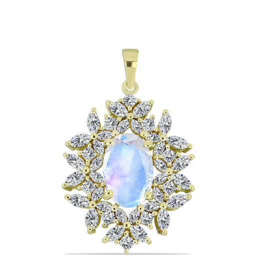 Pendente de Prata com Banho de Ouro com Pedra da Lua Arco-íris e Zircão Branco  Contraste: Cabeca de Veado (800)