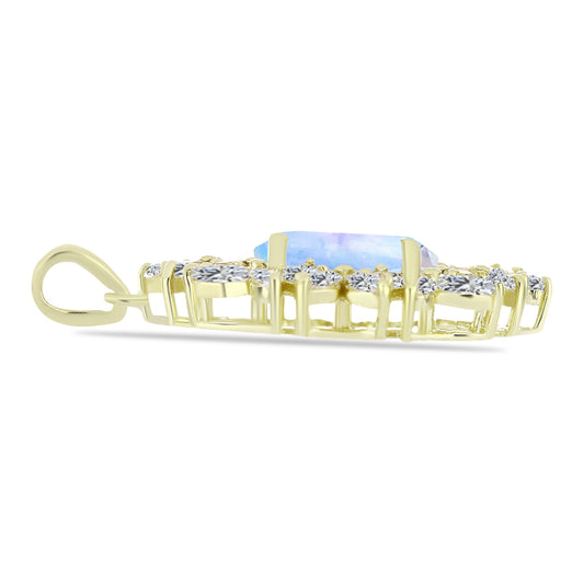 Pendente de Prata com Banho de Ouro com Pedra da Lua Arco-íris e Zircão Branco  Contraste: Cabeca de Veado (800)