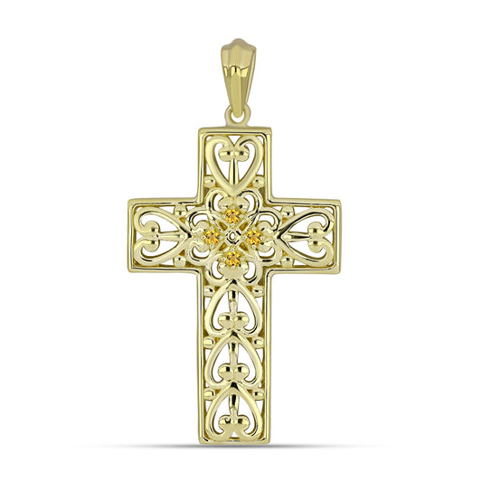 Cruz Pendente de Prata com Banho de Ouro com Citrino de Ural  Contraste: Cabeca de Veado (800)