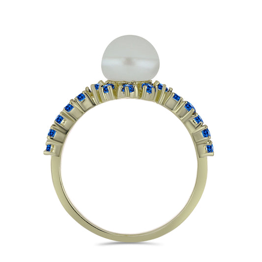 Anel de Prata com Banho de Ouro com Pérola de Água Doce Branca e Safira Azul Australiana