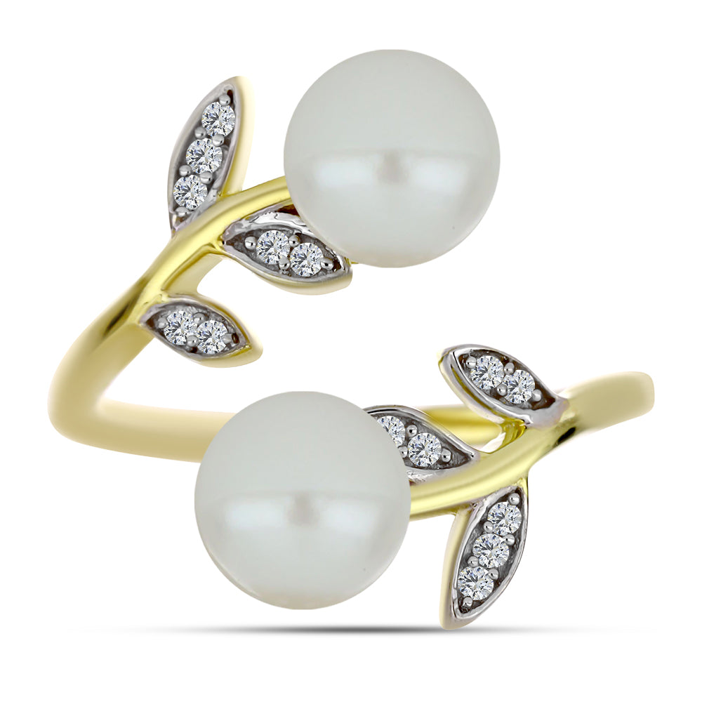 Anel de Prata com Banho de Ouro com Pérola de Água Doce Branca e Topázio Branco  Contraste: Cabeca de Veado (800) 1 