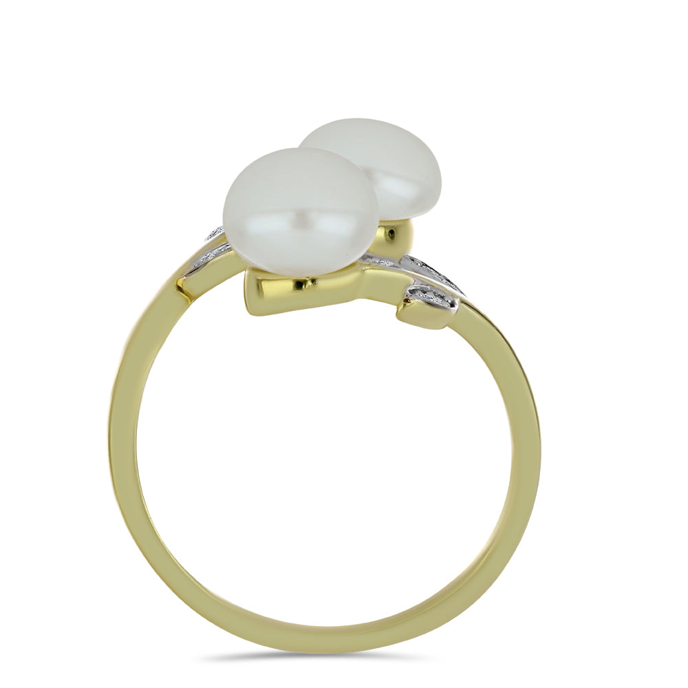 Anel de Prata com Banho de Ouro com Pérola de Água Doce Branca e Topázio Branco  Contraste: Cabeca de Veado (800) 2 