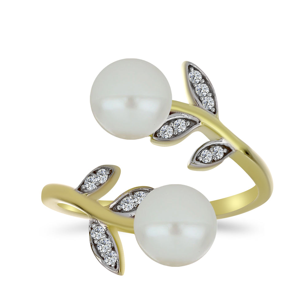 Anel de Prata com Banho de Ouro com Pérola de Água Doce Branca e Topázio Branco  Contraste: Cabeca de Veado (800)