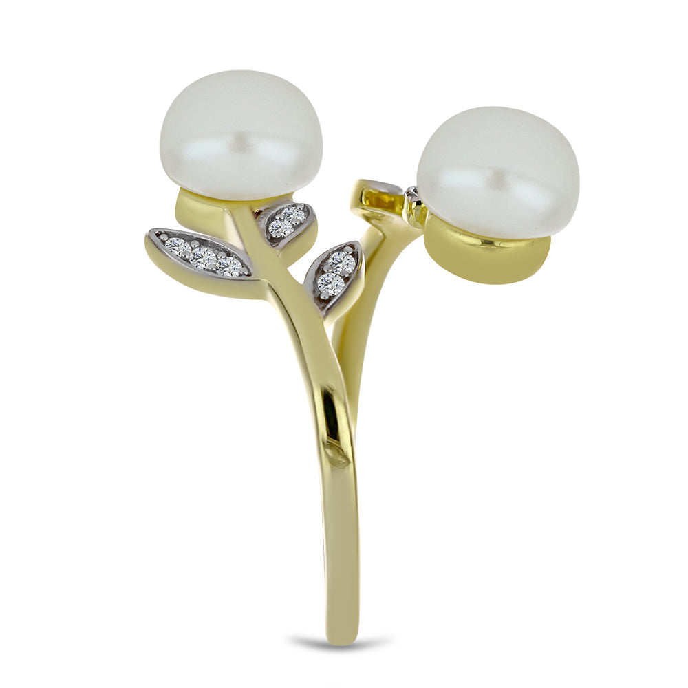 Anel de Prata com Banho de Ouro com Pérola de Água Doce Branca e Topázio Branco  Contraste: Cabeca de Veado (800)