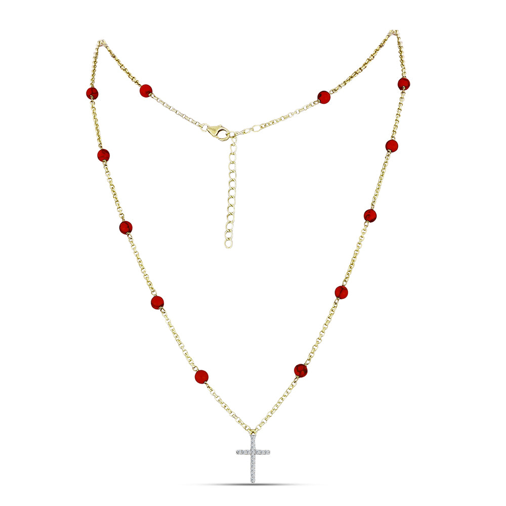 Colar de Prata com Banho de Ouro com Coral Esponja Vermelha e Topázio Branco  Contraste: Cabeca de Veado (800) 1 