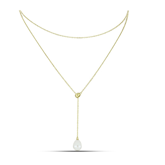 Colar de Prata com Banho de Ouro com Pérola de Água Doce Branca  Contraste: Cabeca de Veado (800)