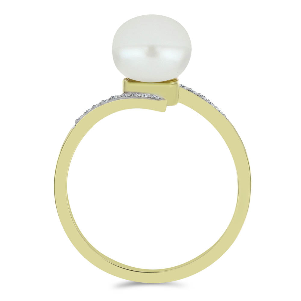 Anel de Prata com Banho de Ouro com Pérola de Água Doce Branca e Topázio Branco