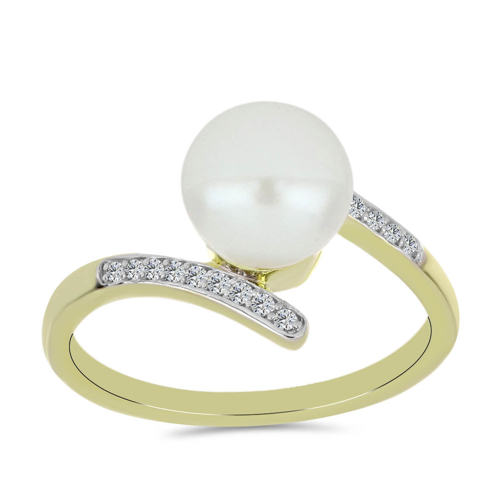 Anel de Prata com Banho de Ouro com Pérola de Água Doce Branca e Topázio Branco 3 