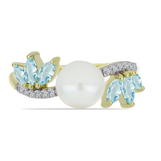 Anel de Prata com Banho de Ouro com Pérola de Água Doce Branca e Água-Marinha