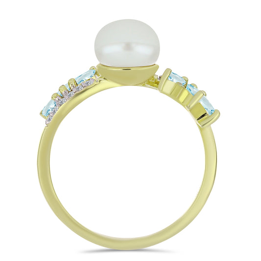 Anel de Prata com Banho de Ouro com Pérola de Água Doce Branca e Água-Marinha