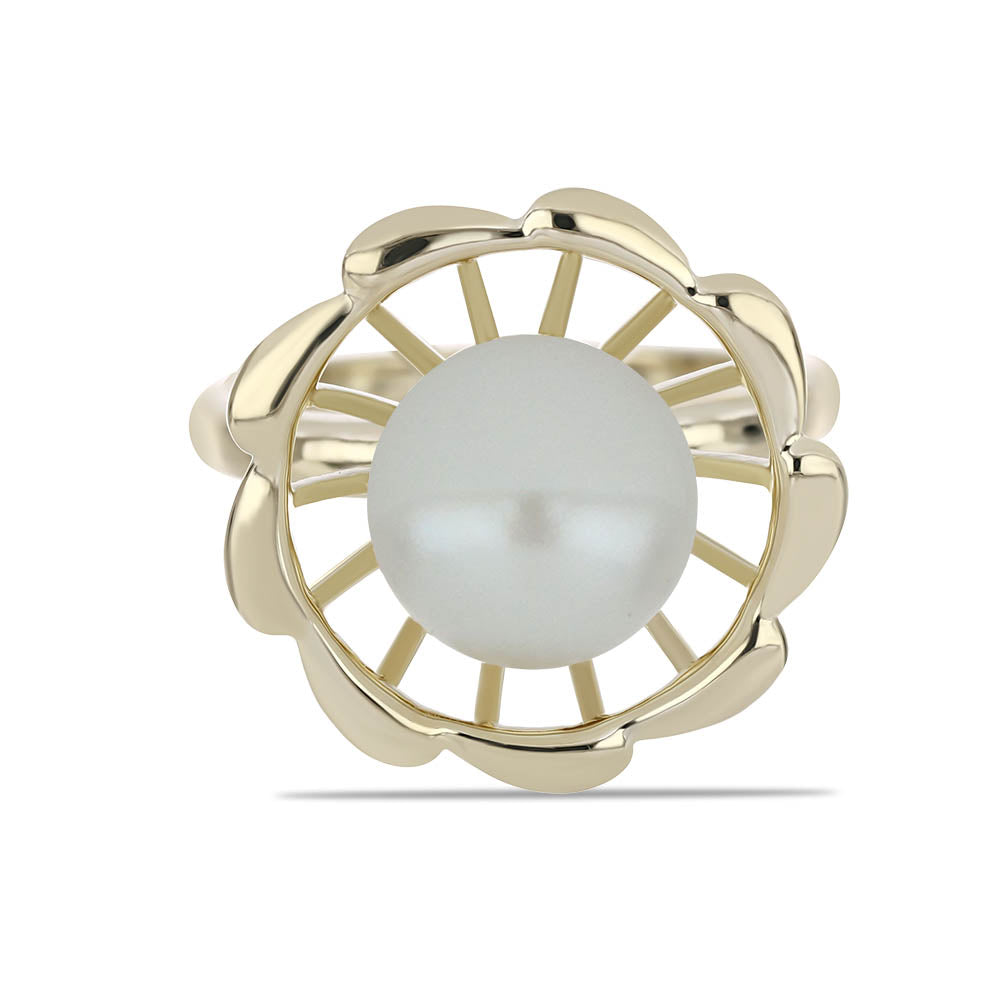 Anel de Prata com Banho de Ouro com Pérola de Água Doce Branca  Contraste: Cabeca de Veado (800)