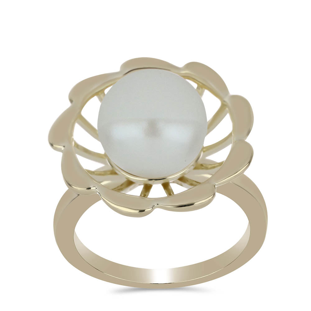 Anel de Prata com Banho de Ouro com Pérola de Água Doce Branca  Contraste: Cabeca de Veado (800) 3 