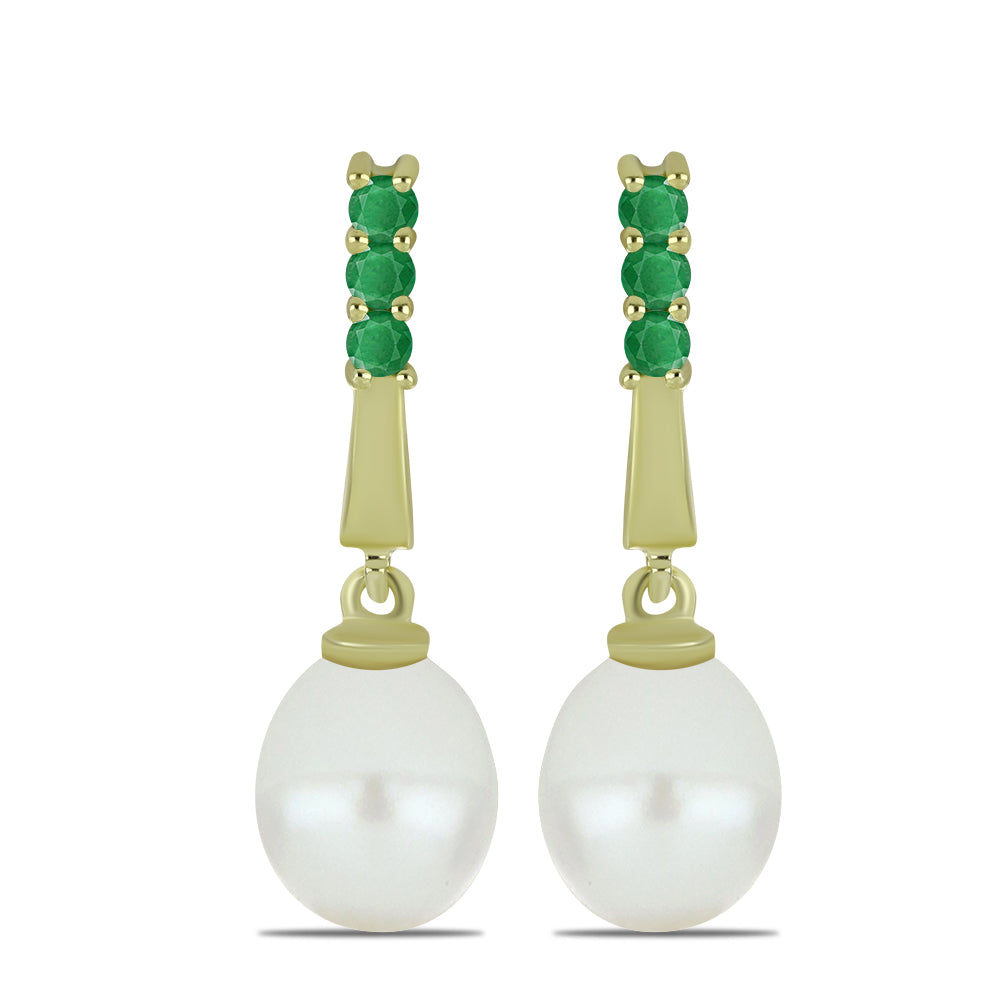 Brincos de Prata com Banho de Ouro com Pérola de Água Doce Branca e Esmeralda do Brasil 1 