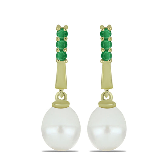 Brincos de Prata com Banho de Ouro com Pérola de Água Doce Branca e Esmeralda do Brasil