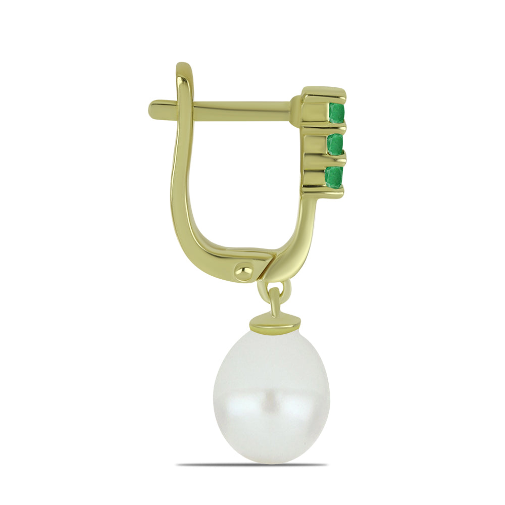 Brincos de Prata com Banho de Ouro com Pérola de Água Doce Branca e Esmeralda do Brasil 2 