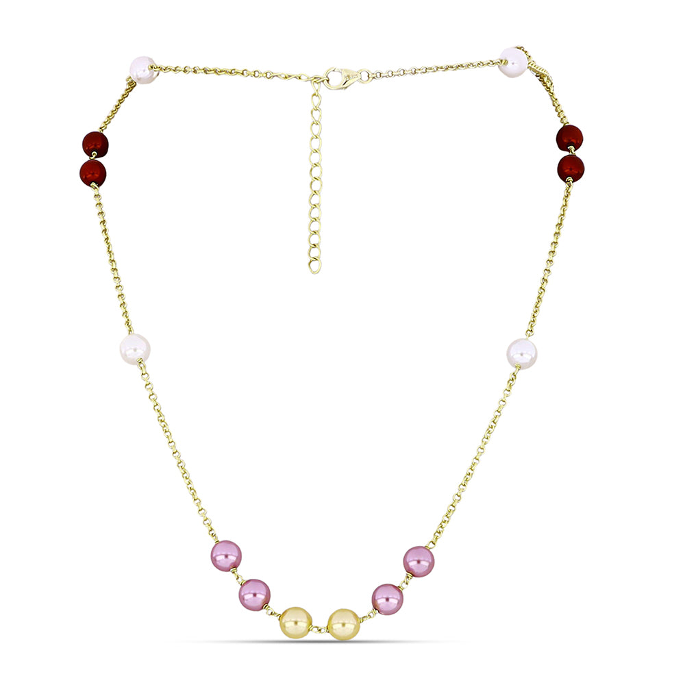 Colar de Prata com Banho de Ouro com Pérola de Água Doce Branca e Pérola de Água Doce Cor de Pêssego  Contraste: Cabeca de Veado (800)