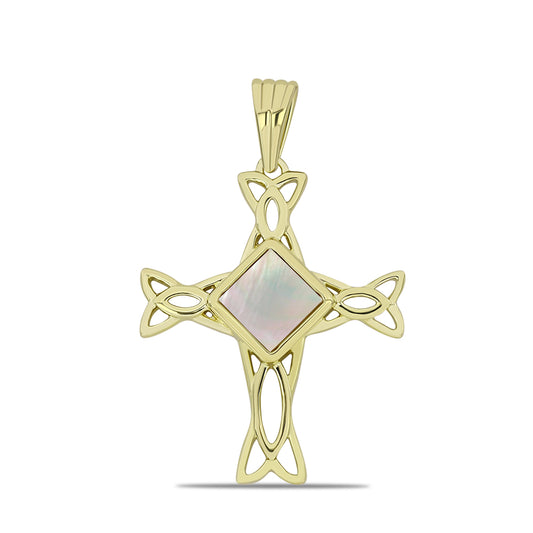 Cruz Pendente de Prata com Banho de Ouro com Mãe de Pérola