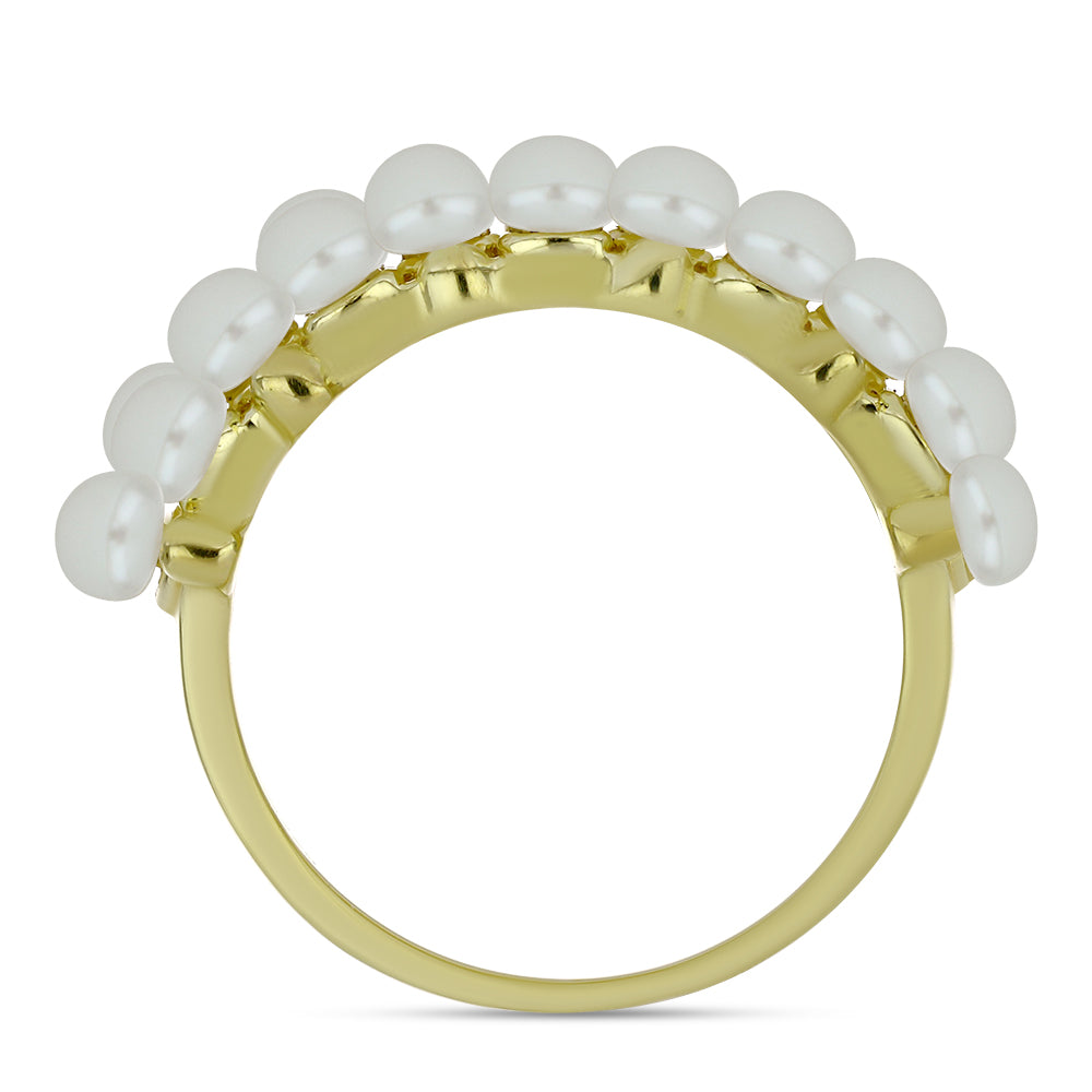 Anel de Prata com Banho de Ouro com Pérola de Água Doce Branca  Contraste: Cabeca de Veado (800)