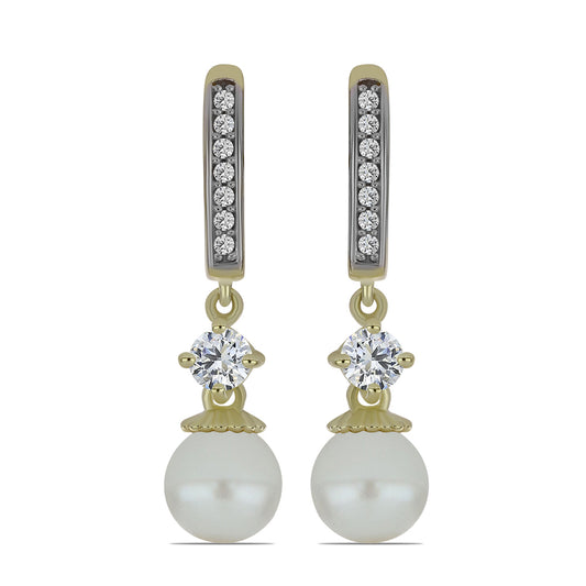 Brincos de Prata com Banho de Ouro com Pérola de Água Doce Branca e Topázio Branco