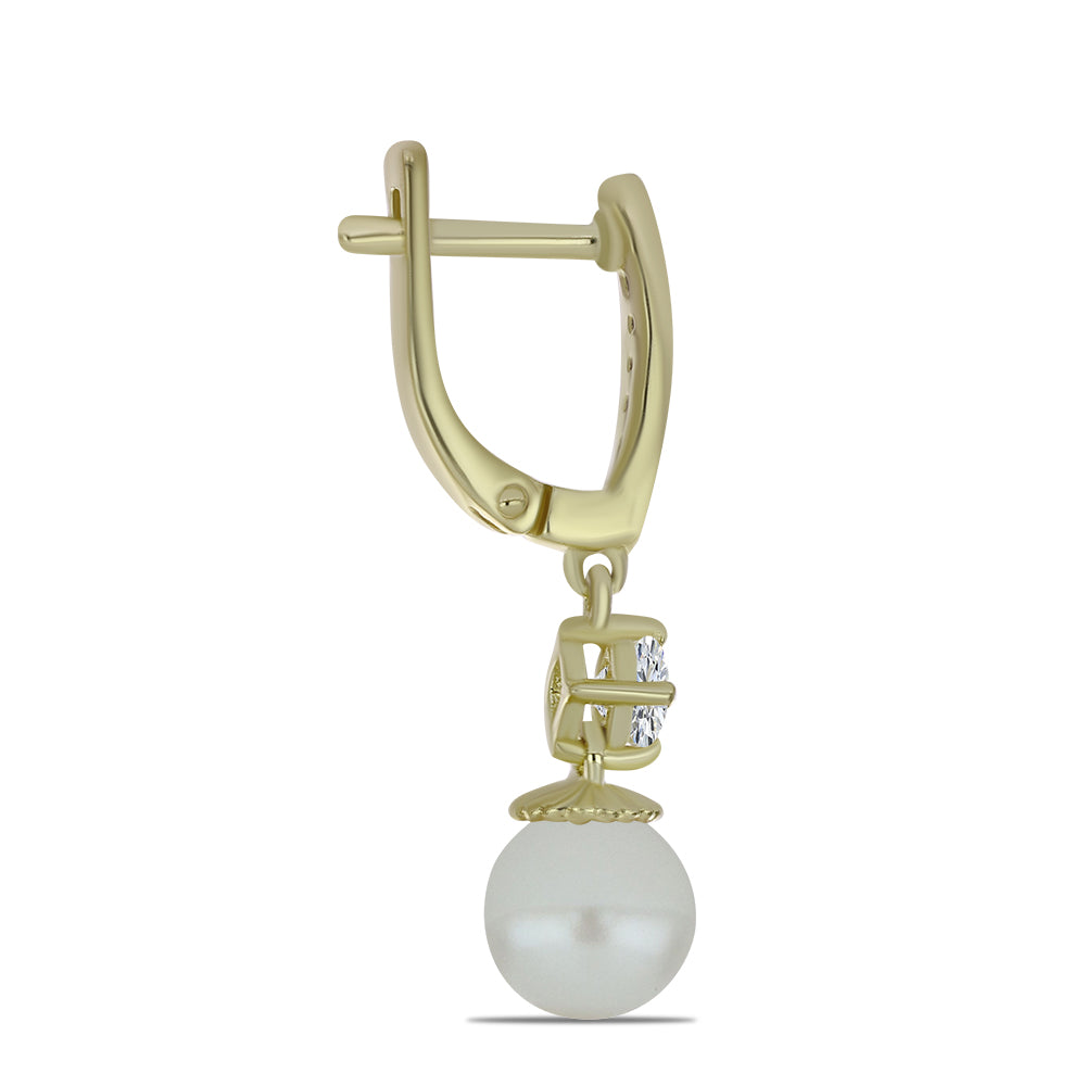 Brincos de Prata com Banho de Ouro com Pérola de Água Doce Branca e Topázio Branco 2 