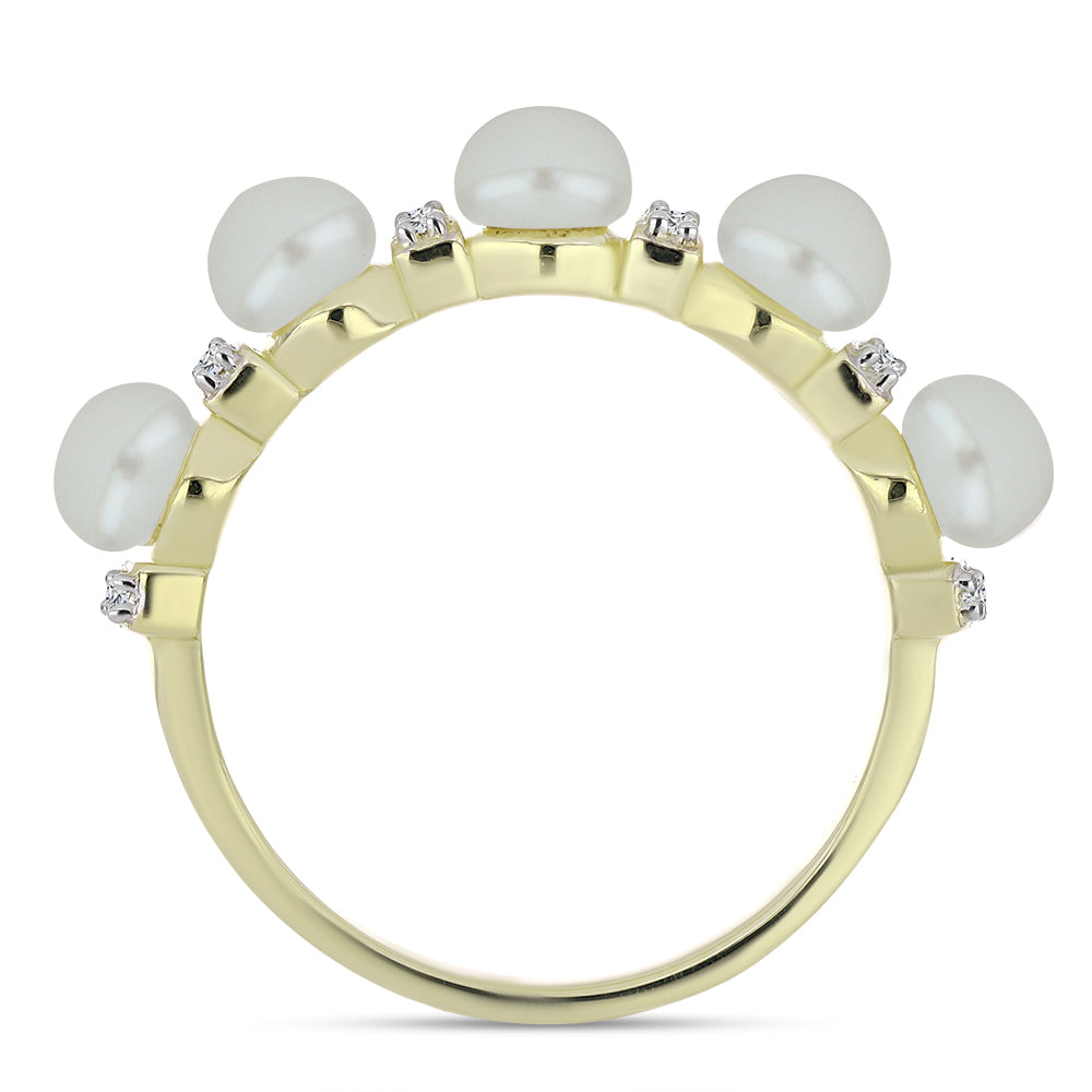 Anel de Prata com Banho de Ouro com Pérola de Água Doce Branca e Topázio Branco 3 