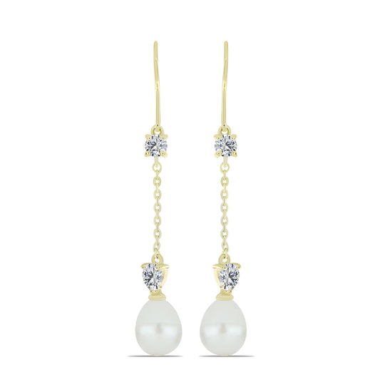 Brincos de Prata com Banho de Ouro com Pérola de Água Doce Branca e Topázio Branco