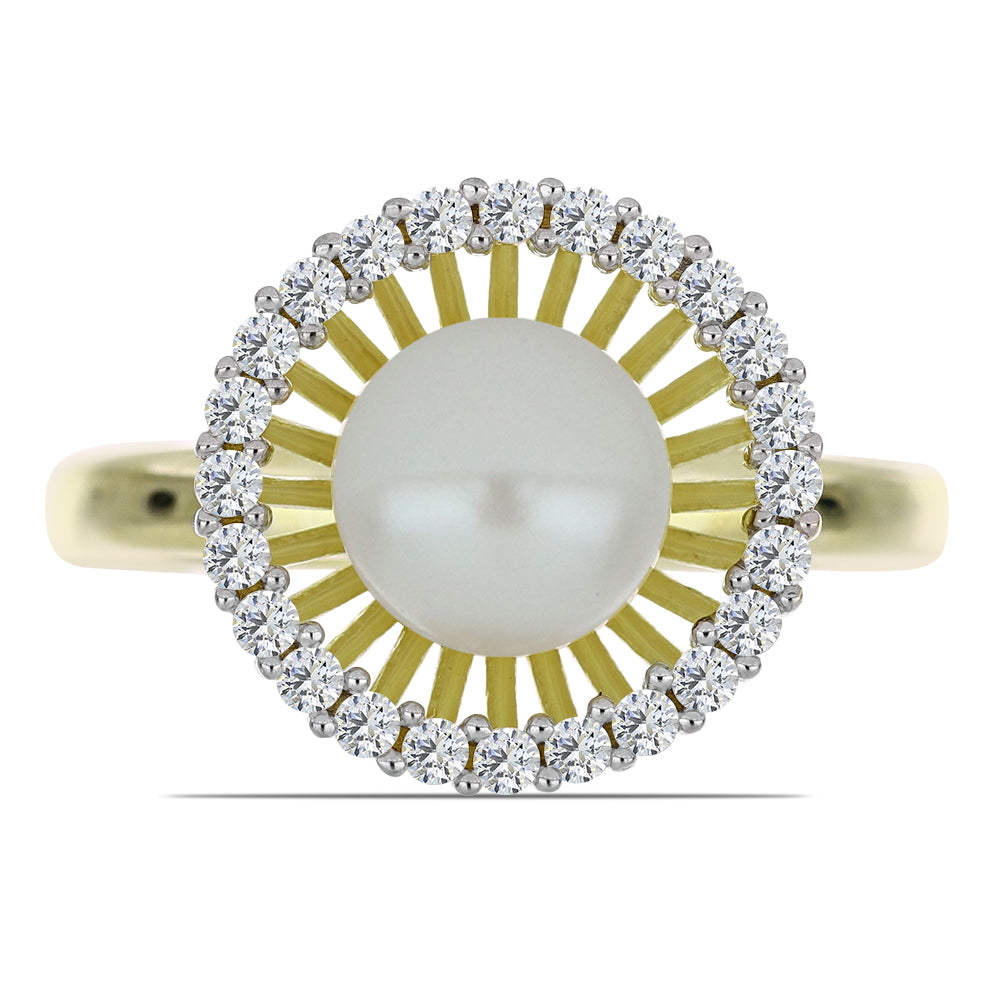 Anel de Prata com Banho de Ouro com Pérola de Água Doce Branca e Topázio Branco