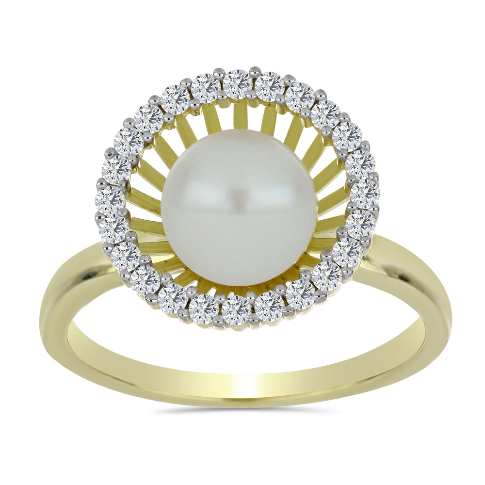 Anel de Prata com Banho de Ouro com Pérola de Água Doce Branca e Topázio Branco