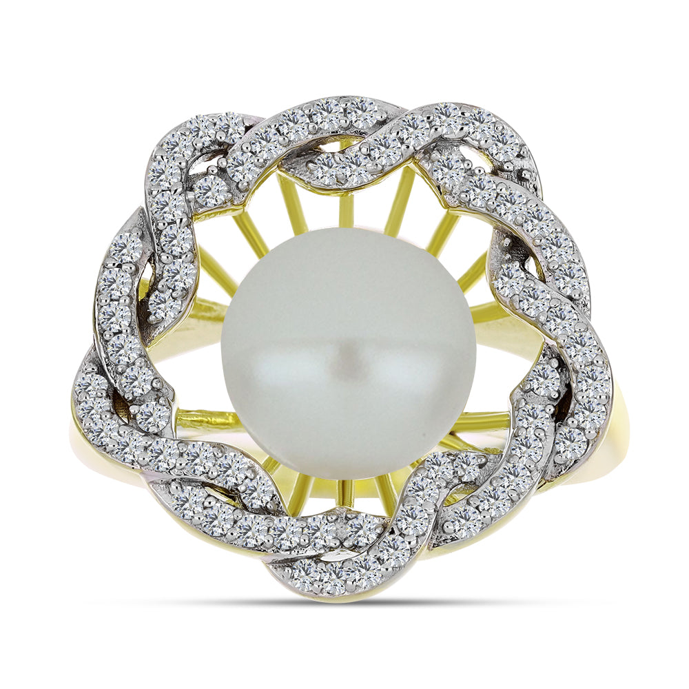 Anel de Prata com Banho de Ouro com Pérola de Água Doce Branca e Topázio Branco  Contraste: Cabeca de Veado (800)