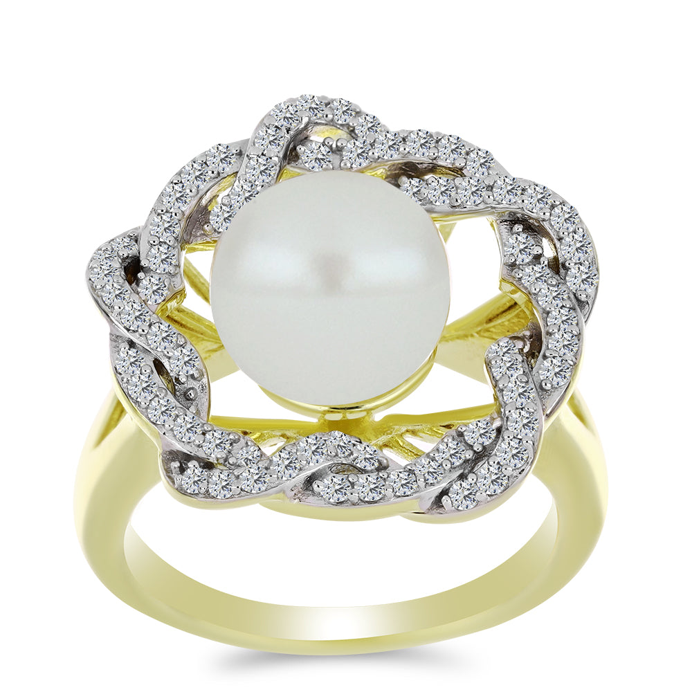 Anel de Prata com Banho de Ouro com Pérola de Água Doce Branca e Topázio Branco  Contraste: Cabeca de Veado (800) 3 